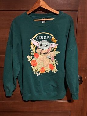 Grogu Floral Graphic Crewneck Sweatshirt - Forest Green Mandalorian Star Wars